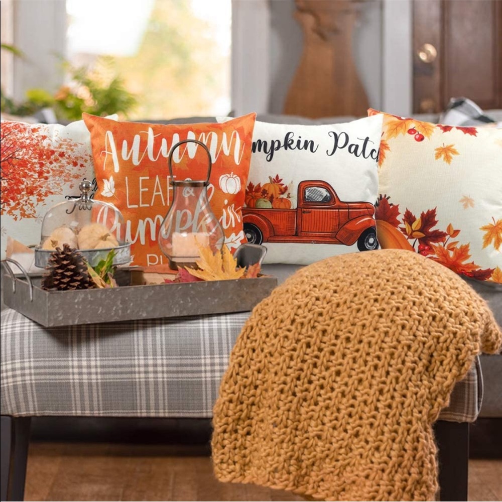 Fall Pillow Covers 18x18 Set of 4 Autumn Pumpkin Thanksgiving Pillow Covers 🎃🍁 - Picture 5 of 7